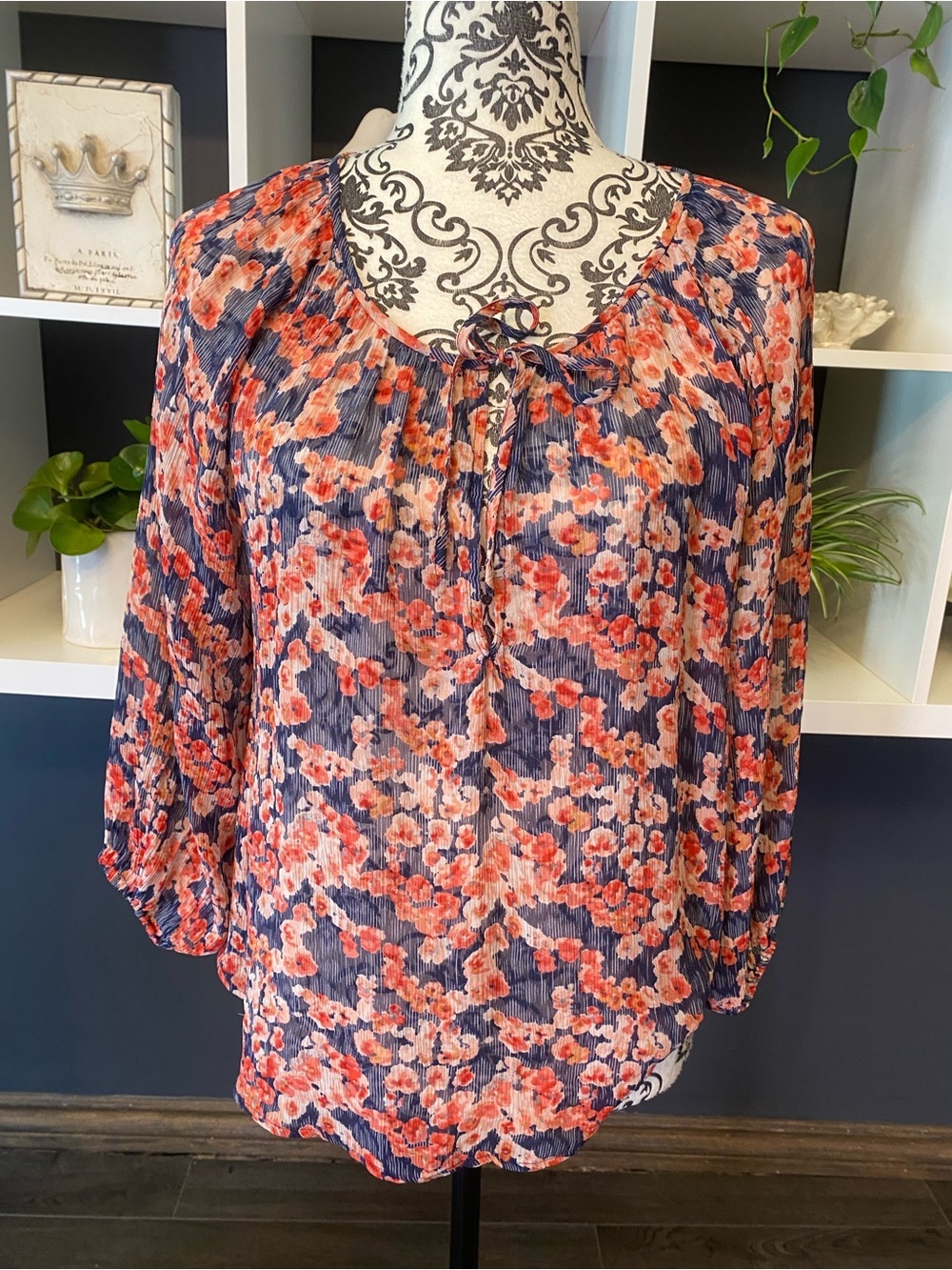 Joie Floral Tie-Neck Sheer Blouse - Blue and Coral Size Small